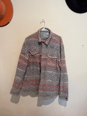 Faherty Gray & Coral Patterned Lightweight Shacket